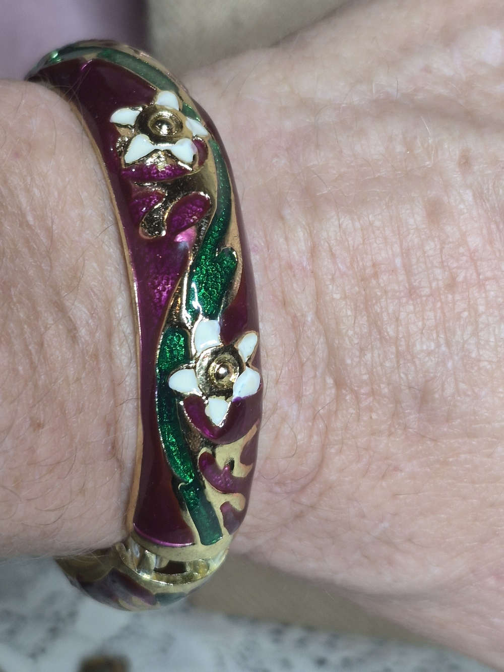 Purple Floral Cloisonné Hinged Bangle Size 7
